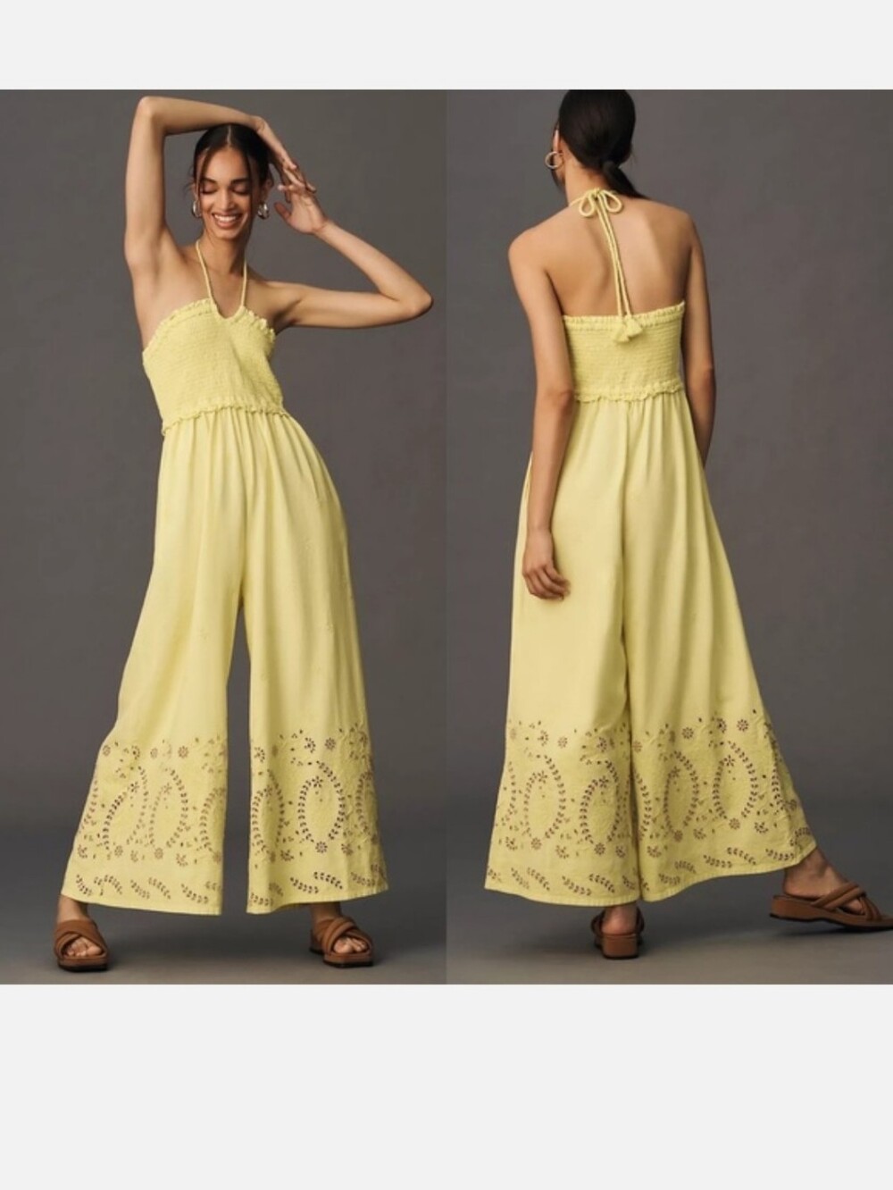 by Anthropologie Light Yellow Eyelet Jumpsuit Size Small